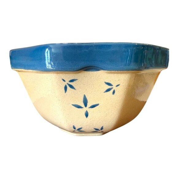 Stoneware Pottery Bowl Serving Dish Cream/Blue inside Blue Flowers Cottage Core - Picture 3 of 10